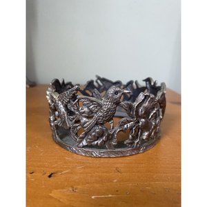 Vintage Pewter Metal Candle Jar Holder Stand Hummingbirds Hibiscus Flowers